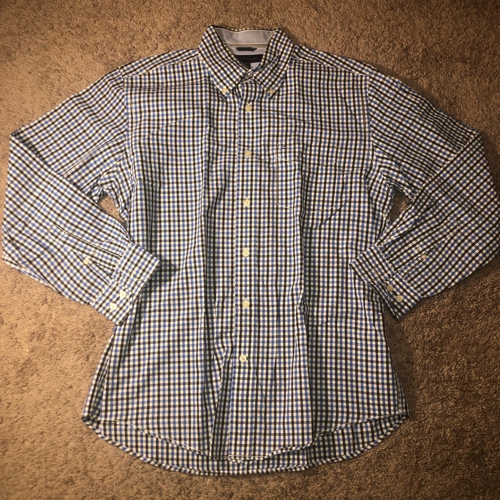 🤑SOLD🤑Tommy Hilfiger Mens Size Medium Button Down Black Blue Work Dress Shirt - Picture 2 of 15